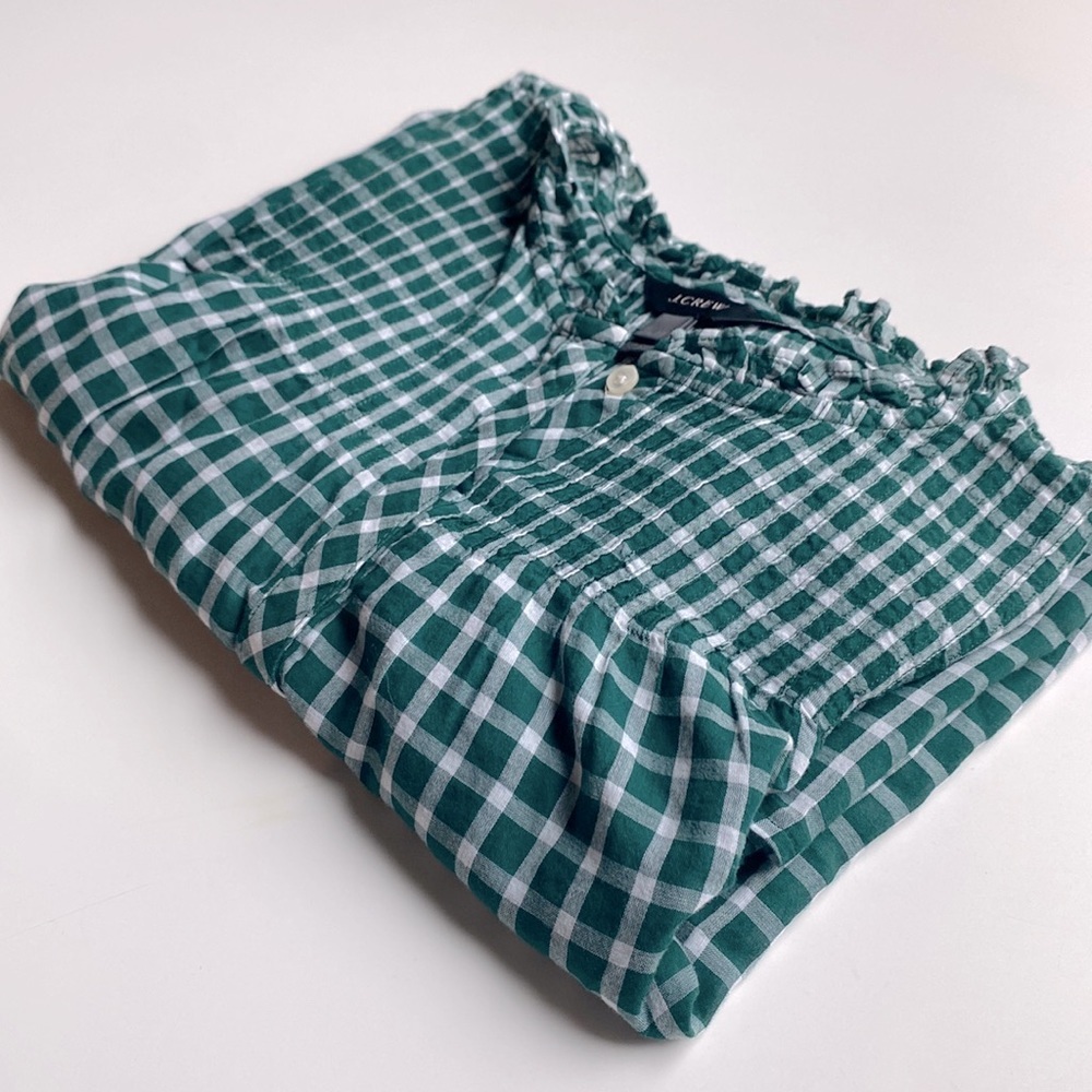 JCrew cotton pin tucked green with ruffle neck blouse